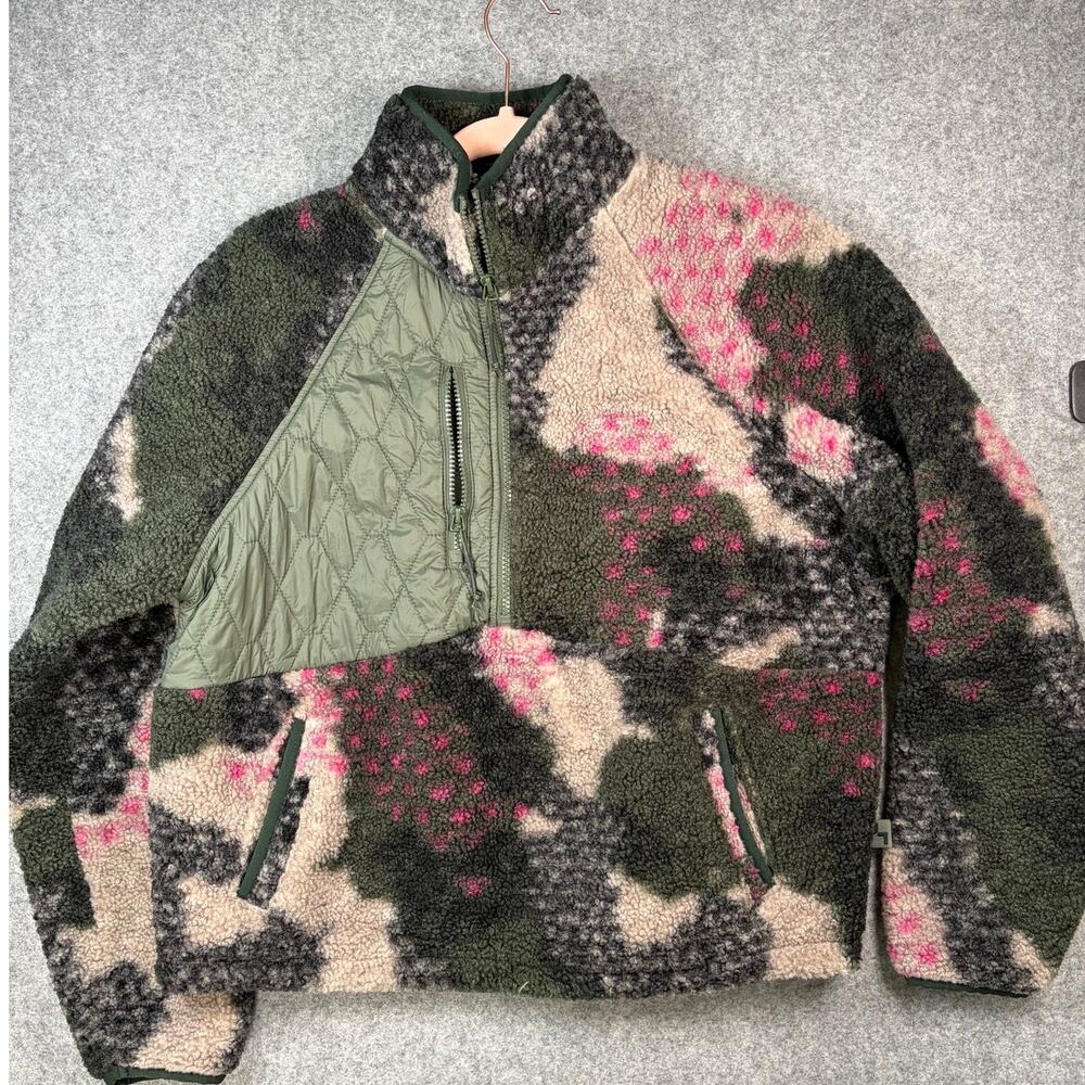 JoyLab Green Pink Camo Sherpa Fleece Quarter Zip Jacket Quilted Panel Size Large